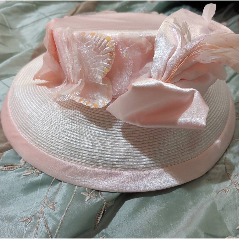 Whittall Shon Pink Derby Hat Bow Sequin Feather Woven Vintage Style - Picture 7 of 16